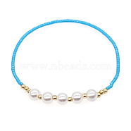 Glass Seed & Imitation Pearl Beaded Stretch Bracelet for Women, Sky Blue, 6-7/8 inch(17.5cm)(BJEW-A22-12-17-2)