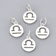 925 Sterling Silver Charms, with Jump Ring, Flat Round with Constellation/Zodiac Sign, with 925 Stamp, Libra, 12x10x1.5mm, Hole: 4mm(X-STER-T002-44S-08)