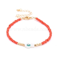 Cross with Evil Eye Beaded Bracelets, with Glass Seed & Brass & Natural Freshwater Shell Beads, 304 Stainless Steel Lobster Claw Clasps & Charms, Orange Red, 7-1/4 inch(18.5cm)(BJEW-JB06289-03)