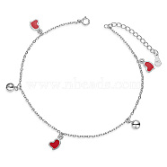 SHEGRACE 925 Sterling Silver Charm Anklets, with Epoxy Resin and Cable Chains, Heart, Red, Platinum, 8-1/2 inch(21.5cm), Heart: 7.1x5.6mm(JA124A)