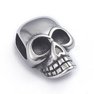 Retro 304 Stainless Steel Slide Charms/Slider Beads, for Leather Cord Bracelets Making, Skull, Antique Silver, 22x14x9mm, Hole: 4x8mm(STAS-L243-022AS)