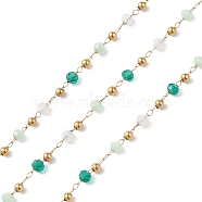 Handmade Glass Beaded Chains, Faceted, Unwelded, with 304 Stainless Steel Chains, Golden, Round, Light Sea Green, 2~3x2~2.5mm(CHS-P016-45G-04)