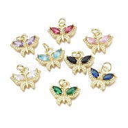 Brass Micro Pave Cubic Zirconia Pendants, with Jump Rings, Butterfly, Real 18K Gold Plated, Mixed Color, 16x19x4mm, Hole: 4.6mm(KK-P188-J)