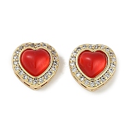 Resin Sew on Rhinestone, with Brass Micro Pave Cubic Zirconia Findings, Heart, Real 18K Gold Plated, Red, 9.5x9.5x6.5mm, Hole: 0.6mm(KK-P283-01A-G)