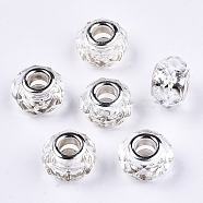 Transparent Resin European Beads, Imitation Crystal, Large Hole Beads, with Silver Tone Brass Double Cores, Faceted, Rondelle, Clear, 14x9.5mm, Hole: 5mm(RPDL-T003-003-B15)