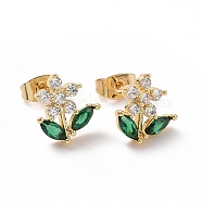 Green Cubic Zirconia Flower of Life Stud Earrings, Brass Jewelry for Women, Golden, 11x10.5mm, Pin: 0.7mm(EJEW-I280-02G)