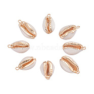 Electroplate Cowrie Shell Links connectors, with Iron Findings, Golden, Lime, 21~27x10~14x6mm, Hole: 1.5mm(SHEL-CJ0001-01)
