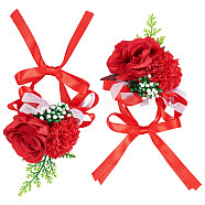 CRASPIRE 2PCS Silk Wrist Corsage, with Plastic Imitation Flower, for Wedding, Party Decorations, Red, 350mm(AJEW-CP0001-51A)