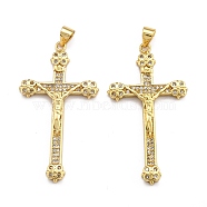Brass Micro Pave Clear Cubic Zirconia Pendants, Long-Lasting Plated, Cross, Real 18K Gold Plated, 42.5x23x3mm, Hole: 3.5x4mm(ZIRC-J025-43G)
