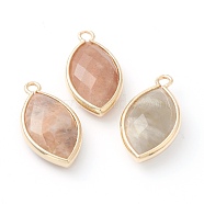 Natural Sunstone Pendants, with Golden Brass Edge, Faceted, Horse Eye, 22x12x5.5mm, Hole: 1.8mm(X-G-B009-01G-C)