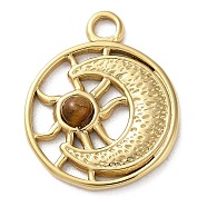 Vacuum Plating 316 Stainless Steel Pendants, with Natural Tiger Eye, Flat Round, Real 18K Gold Plated, 24.5x20x3.5mm, Hole: 2.7mm(STAS-C090-04G-02)