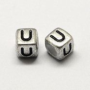 Antique Silver Plated Large Hole Acrylic Letter European Beads, Horizontal Hole, Cube with Letter.U, 6x6x6mm, Hole: 4mm, about 2950pcs/500g(PACR-Q099-01U)