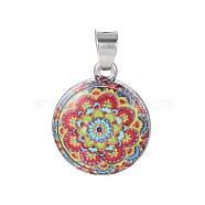 Alloy Pendants, with Epoxy Resin and Paper, Flat Round with Flower, Platinum, Colorful, 21.5x18x3.5mm, Hole: 5x6.5mm(PALLOY-L223-H01-P)