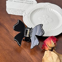 Cellulose Acetate & Iron Claw Hair Clips, Rhinestones Hair for Women & Girls, Butterfly, Black, 70mm(PW-WG9577C-01)