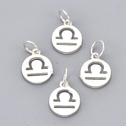 925 Sterling Silver Charms, with Jump Ring, Flat Round with Constellation/Zodiac Sign, Carved 925, Libra, 12x10x1.5mm, Hole: 4mm(X-STER-T002-44S-08)