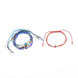 Adjustable Nylon Cord Braided Bead Bracelets, with Glass Seed Beads, Evil Eye Lampwork Beads and Brass Beads, Golden, Mixed Color, Inner Diameter: 2~3-3/8 inch(5~8.5cm)(BJEW-JB06022)
