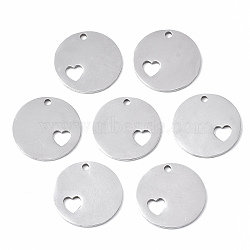 201 Stainless Steel Charms, Laser Cut, FLat Round with Heart, Stainless Steel Color, 15x1mm, Hole: 1.4mm(STAS-N091-68)