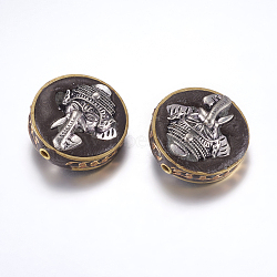 Handmade Indonesia Beads, with Brass Findings, Nickel Free, Flat Round with Elephant, Black, Raw(Unplated), 28~28.5x13~14mm, Hole: 2mm(IPDL-F023-23C)