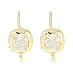 Brass Pave Clear Cubic Zirconia Stud Earring Findings, with Loop, Square, Real 14K Gold Plated, 8.5x6mm, Hole: 1mm, Pin: 0.5mm(KK-F875-01G)