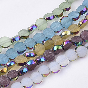 Electroplate Glass Beads Strands, Multi-color Plated, Frosted and Faceted, Flat Round, Mixed Color, 5.5~6x3.5~4mm, Hole: 1mm, about 98~100pcs/strand, 22 inch