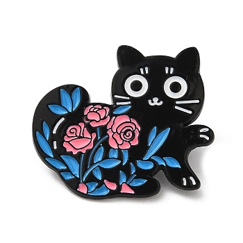 Cartoon Cat & Flower Enamel Pins, Black Alloy Brooch for Backpack Clothes, Deep Sky Blue, 26.5x30x1.5mm