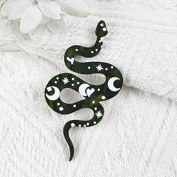 Printed Acrylic Big Pendants, Snake with Moon Pattern Charm, Green, 69x37mm