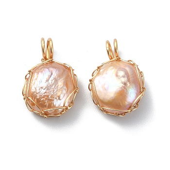 Natural Cultured Freshwater Keshi Pearl Beads Pendants, Flat Round Button Charms, with Long-Lasting Plated Golden Tone Copper Wire Wrapped, PeachPuff, 18.5x13x6~7mm, Hole: 3~3.5mm