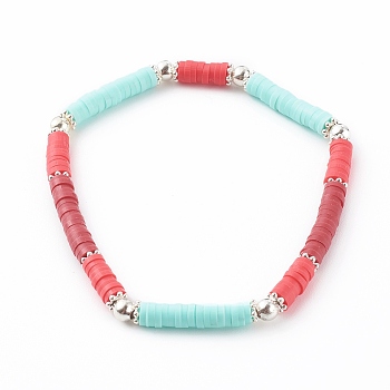 Handmade Polymer Clay Heishi Beaded Stretch Bracelets, with Brass Beads, Platinum, Red, Inner Diameter: 2-1/8 inch(5.5cm)