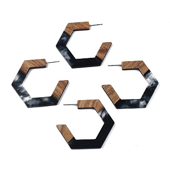 Hexagon Half Hoop Earrings for Women, Two Tone Resin & Walnut Wood Open Hoop Earrings, Stud Earrings with 304 Stainless Steel Pin, Black, 42x48mm, Pin: 0.7mm