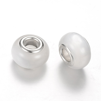 Resin European Beads, Imitation Cat Eye, Large Hole Beads, with Silver Color Plated Brass Cores, Rondelle, WhiteSmoke, 14x8~8.5mm, Hole: 5mm