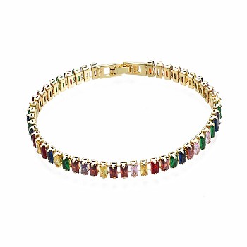 Cubic Zirconia Classic Tennis Bracelet, Real 18K Gold Plated Brass Cubic Zirconia Link Chain Bracelet for Women, Nickel Free, Colorful, 7-1/8 inch~7-1/2 inch(18~19cm)