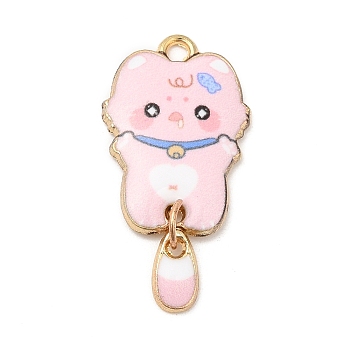 Alloy Enamel Pendants, Cadmium Free & Nickel Free & Lead Free, Golden, Cat Charm, Pink, 31x15.5x2mm, Hole: 2mm