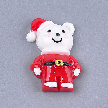 Resin Cabochons, Bear with Christmas Hat, Red, 30x20x7mm