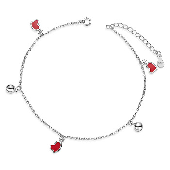 SHEGRACE 925 Sterling Silver Charm Anklets, with Epoxy Resin and Cable Chains, Heart, Red, Platinum, 8-1/2 inch(21.5cm), Heart: 7.1x5.6mm