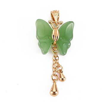Imitation Jade Glass Pendants, with Brass Findings, Butterfly, Light Gold, Lime Green, 33~35x17.5x7mm, Hole: 5x2.5mm