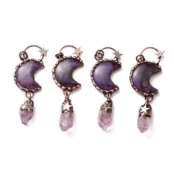 Natural Amethyst Big Pendants, with Red Copper Tone Tin Findings, Lead & Nickel & Cadmium Free, Moon and Bullet, 91mm