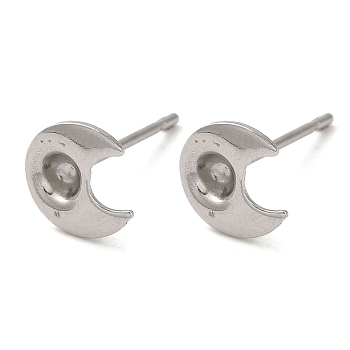 Crescent Moon 201 Stainless Steel Stud Earring Findings, Earring Settings with 304 Stainless Steel Pins, Stainless Steel Color, 8x7.5mm, Pin: 12x0.8mm, Tray: 3.5mm