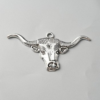 Tibetan Style Alloy Big Pendants, Cattle Head Charm, Antique Silver, 31x61x3mm, Hole: 2.5mm