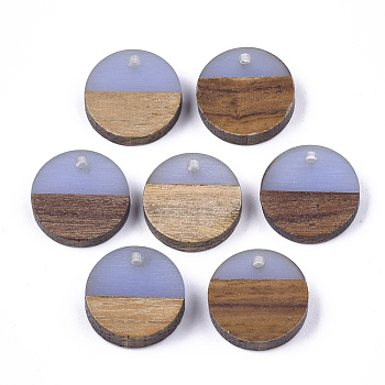 Resin & Walnut Wood Pendants, Flat Round, Cornflower Blue, 14~15x3~4mm, Hole: 1.8mm