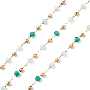 Handmade Glass Beaded Chains, Faceted, Unwelded, with 304 Stainless Steel Chains, Golden, Round, Light Sea Green, 2~3x2~2.5mm