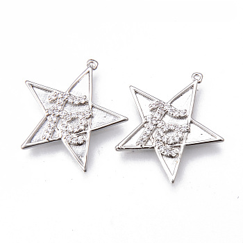 Brass Micro Pave Clear Cubic Zirconia Faith Pendants, Nickel Free, Star with Word Fe, Platinum, 21x21x2mm, Hole: 0.7mm