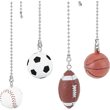 4Pcs 4 Style PVC Ceiling Fan Pull Chain Extenders, with Nickle Plated Ball Chain, Sports Ball, Mixed Color, 350~370mm, 1pc/style