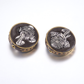 Handmade Indonesia Beads, with Brass Findings, Nickel Free, Flat Round with Elephant, Black, Raw(Unplated), 28~28.5x13~14mm, Hole: 2mm