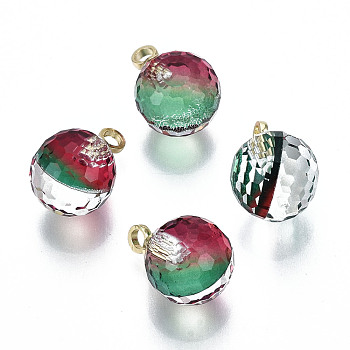 K9 Glass Pendants, Golf Ball Beads, with Golden Tone Brass Peg Bail, Faceted, Round, Green, 14x10mm, Hole: 1.6mm