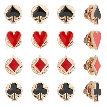 4 Sets 4 Style Ace of Spades & Clubs & Diamonds & King of Hearts Enamel Pins, Light Gold Alloy Playing Card Badges for Backpack Clothes, Mixed Color, 12~13x10~11x1.5mm, 1Pc/style