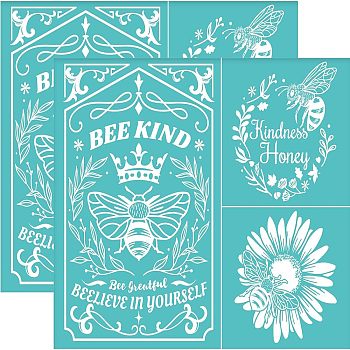 Self-Adhesive Silk Screen Printing Stencil, for Painting on Wood, DIY Decoration T-Shirt Fabric, Turquoise, Rectangle, Bees Pattern, 22x28cm