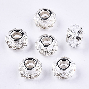 Transparent Resin European Beads, Imitation Crystal, Large Hole Beads, with Silver Tone Brass Double Cores, Faceted, Rondelle, Clear, 14x9.5mm, Hole: 5mm