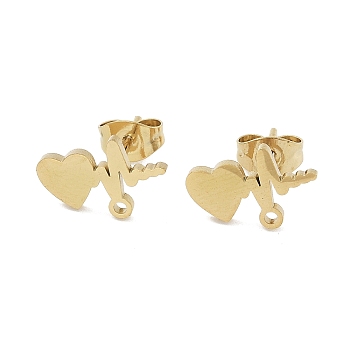 Heartbeat Ion Plating(IP) 304 Stainless Steel Stud Earring Findings, with Loop, Golden, 13.5x8.5mm, Hole: 1.2mm, Pin: 0.8x11mm