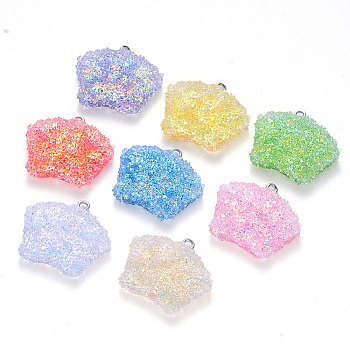 Epoxy Resin Pendants, with Sequins/Paillette and Platinum Plated Iron Loop, Crown, Mixed Color, 24.5x28x7.5mm, Hole: 2mm