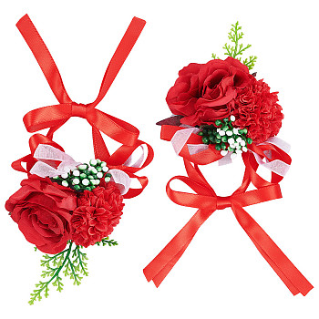 CRASPIRE 2PCS Silk Wrist Corsage, with Plastic Imitation Flower, for Wedding, Party Decorations, Red, 350mm